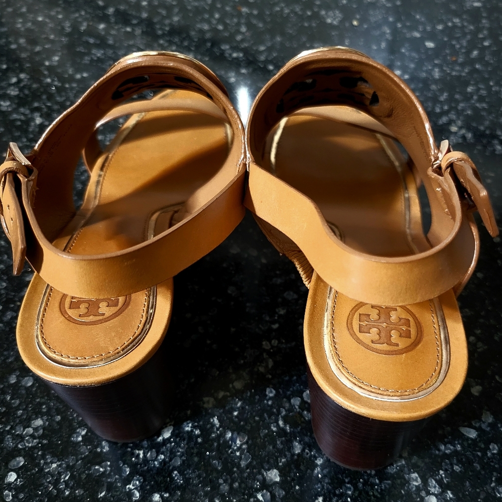 Tory Burch Metal Miller Wedge Heel Sandals Tan/Rose Gold Size 7.5 - Picture 4 of 15
